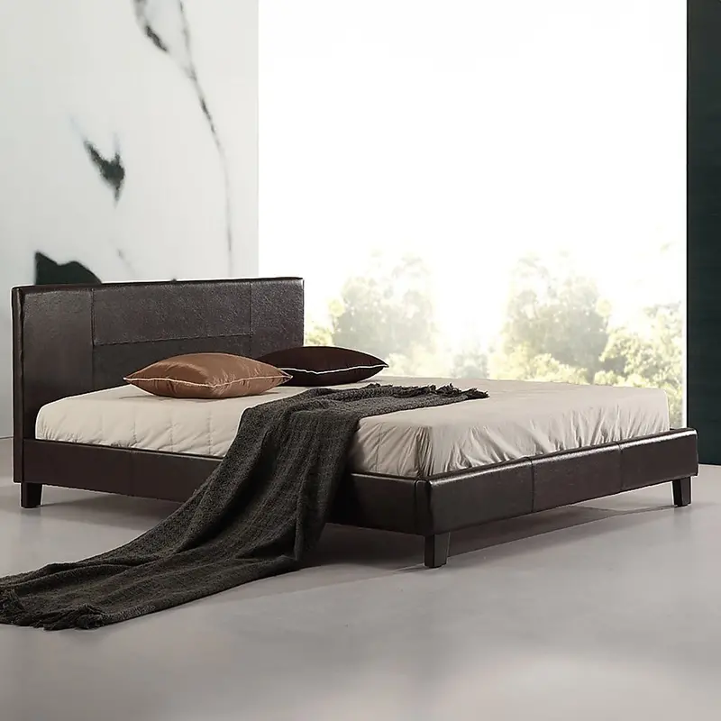 Brown Pu Leather Queen Bed Frame – Warm-Tone Upholstered Platform Base 1