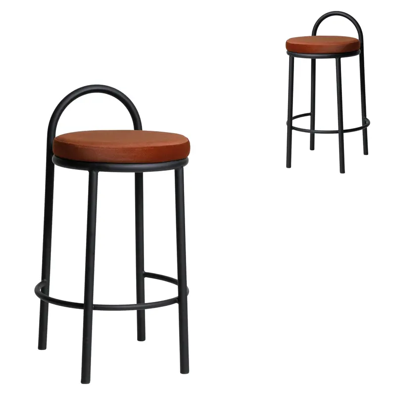 Burnt Brown Bar Stools – Black Metal Frame, Set Of 2 1