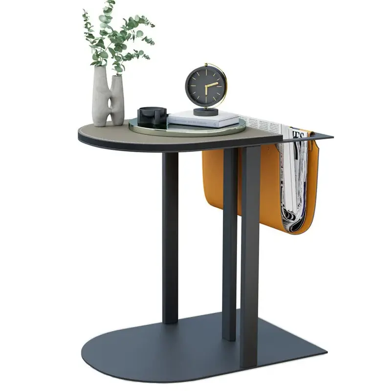 C-Shaped Accent End Table – Faux Leather Top With Under-Shelf Storage Pouch 1