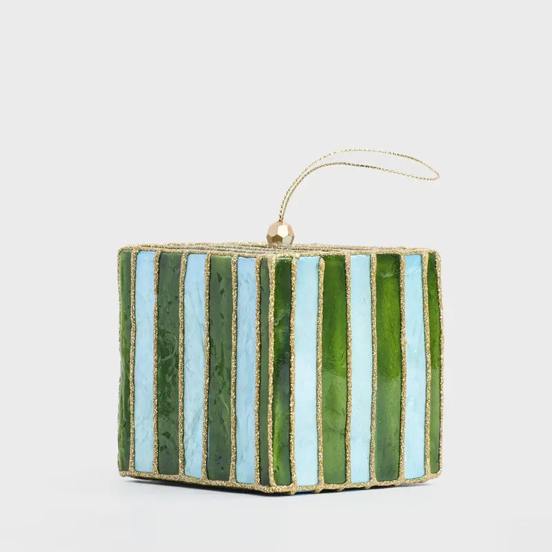 Capiz Shell Christmas Ornament – Blue & Green Striped Tree Decoration 1