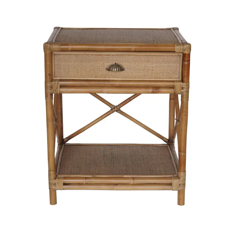 Cayman Hamptons-Style Rattan Bedside Table With Shell Drawer Pull 1