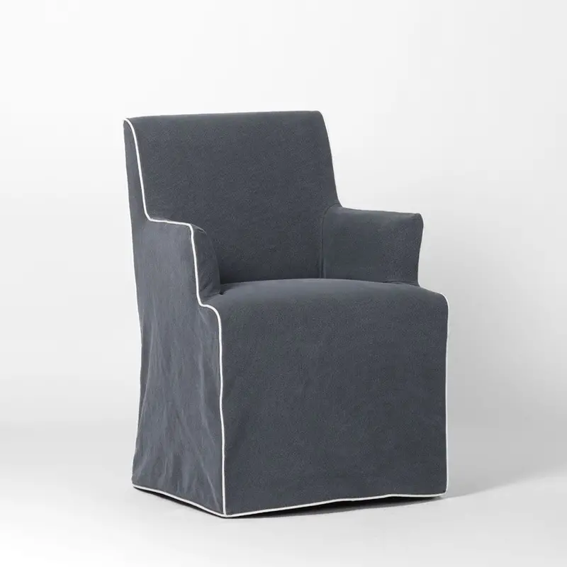 Clifton Dining Chair Slipcover – Navy Fabric With Ivory Piping (Armed Version) 1