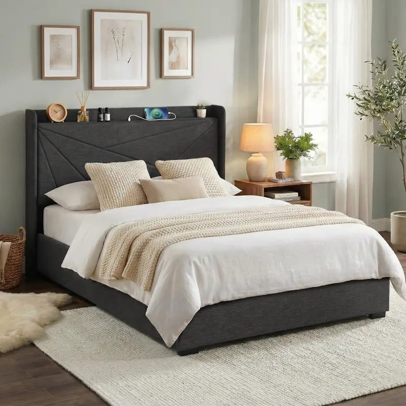 Double Gas-Lift Storage Bed Frame – Charcoal Grey Upholstered Geometric Headboard With Usb Charging Ports 1