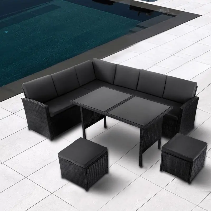 Ella 8-Piece Black Outdoor Lounge Set – Modular Garden Sofa & Dining Table Combo 1