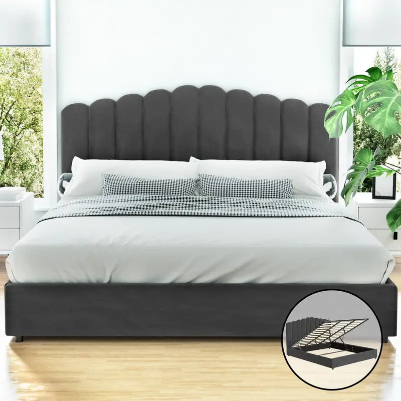 Fion Velvet King Bed Frame – Plush Grey Upholstered Platform Bed 1