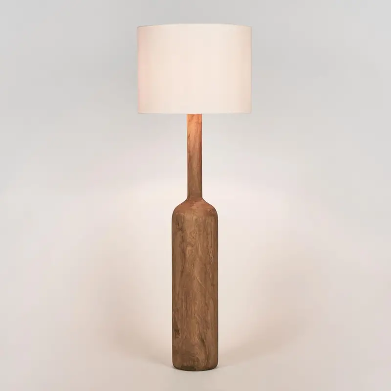 Flask Saddle Wood Floor Lamp With White Fabric Shade 1