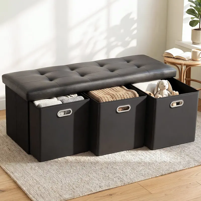 Foldable Black Storage Ottoman With 3 Cube Drawers & Footrest 1