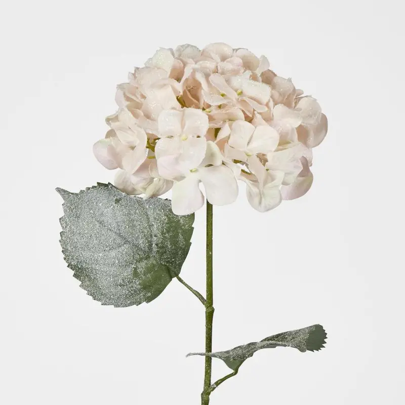 Frosted Pink Christmas Hydrangea Stem With Two Realistic Leaves 1