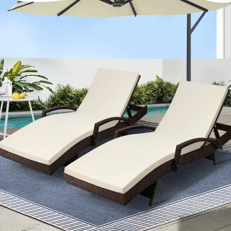 Gardeon 2-Piece Adjustable Wicker Sun Lounger Set – Brown Outdoor Patio Lounge Chairs With Cushions 1
