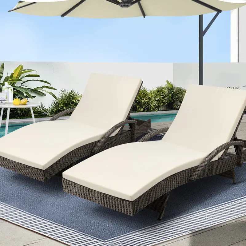 Gardeon 2-Piece Adjustable Wicker Sun Lounger Set – Grey & Beige Outdoor Patio Lounge Chairs With Cushions 1