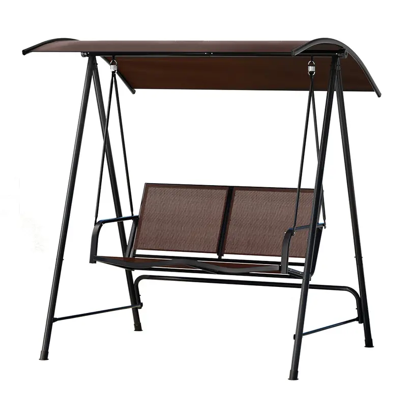 Gardeon 2-Seater Brown Swing Bench – Timber-Inspired Garden Lounger With Protective Canopy 1