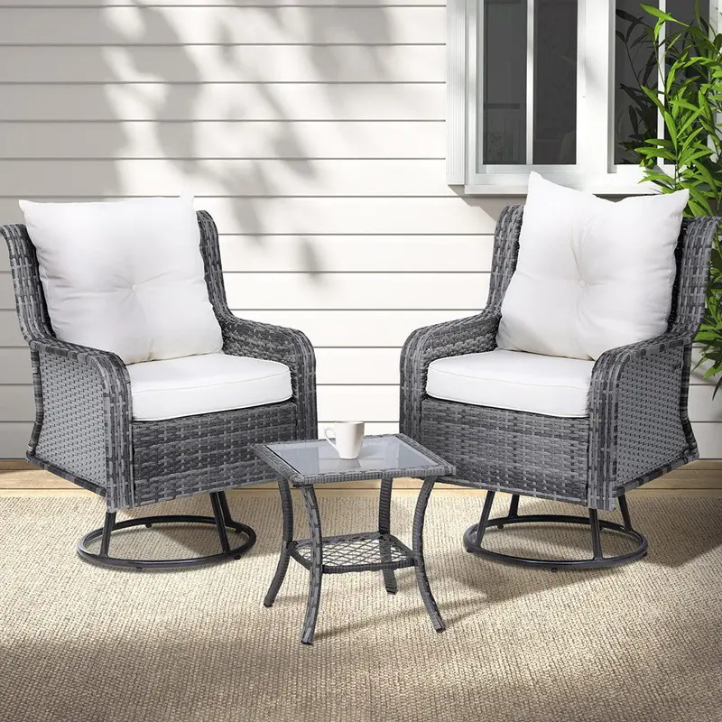 Gardeon 3-Piece Grey Wicker Bistro Set With Swivel Chairs And Cushioned Table 1
