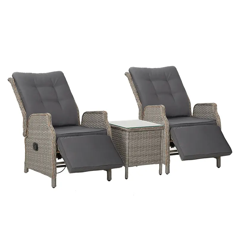 Gardeon 3-Piece Grey Wicker Recliner Set — Adjustable Outdoor Lounge With Table 1