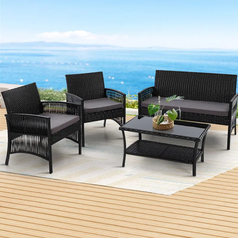 Gardeon 4-Piece Black Wicker Outdoor Sofa Set With Harp-Style Chairs And Side Table 1