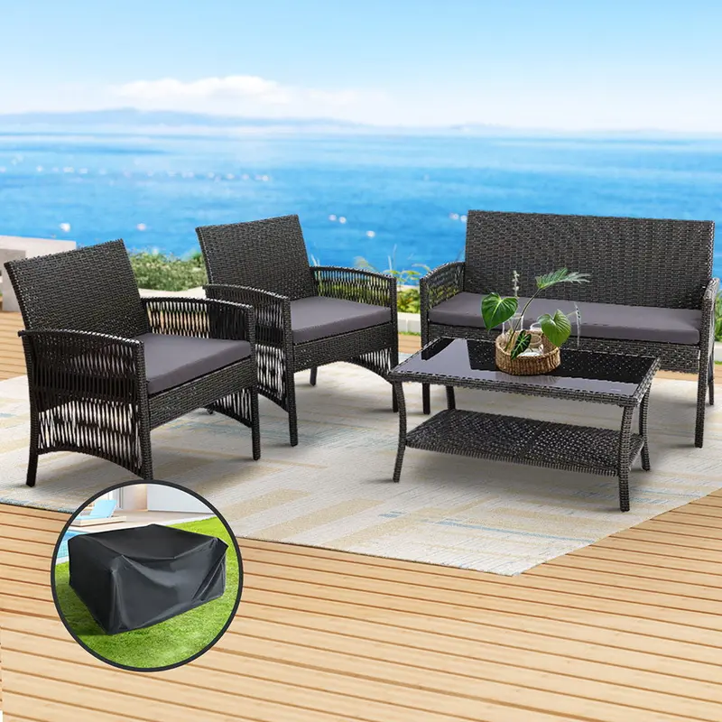 Gardeon 4-Piece Grey Wicker Outdoor Lounge Set – Harp-Style Chairs, Table & Protective Cover 1