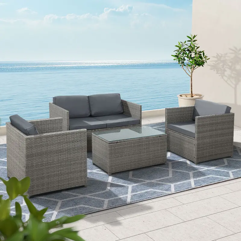 Gardeon 4-Piece Grey Wicker Outdoor Sofa Set With Lounge Design 1