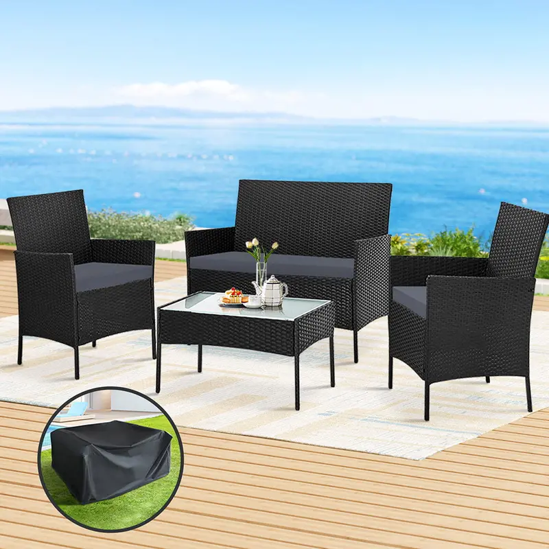 Gardeon 4-Seater Black Wicker Outdoor Sofa Set With Table And Protective Cover 1