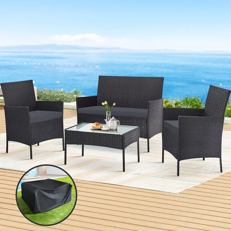 Gardeon 4-Seater Dark Grey Wicker Outdoor Sofa Set With Storage Cover And Table 1
