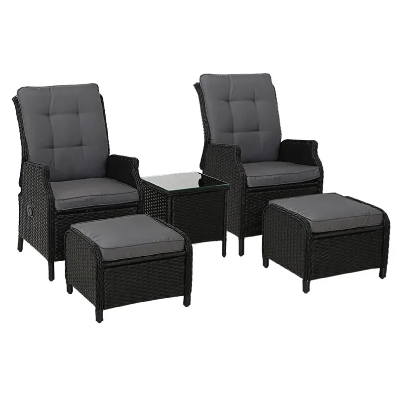 Gardeon 5-Piece Adjustable Sun Lounger Set – Black Wicker Reclining Chairs & Table 1