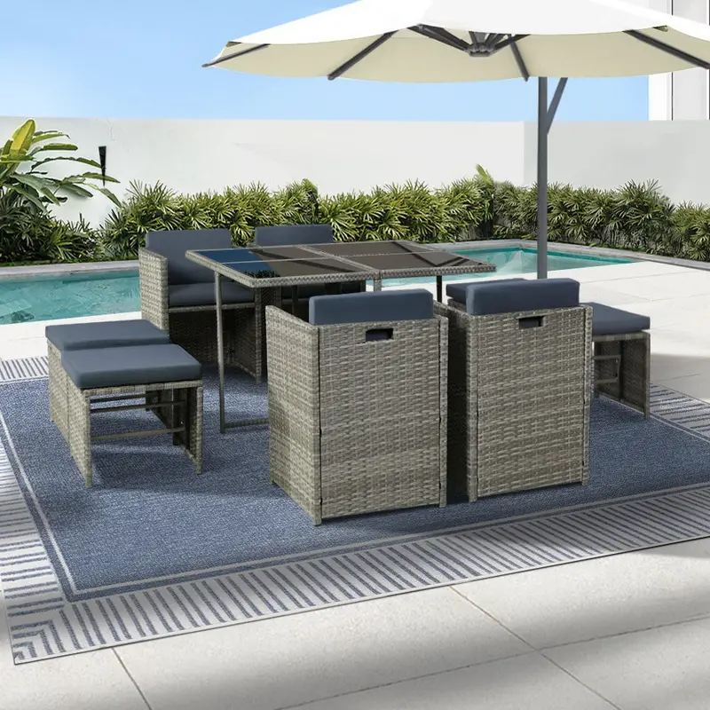 Gardeon 9-Piece Grey Wicker Outdoor Dining Set – Table, Chairs & Patio Essentials 1