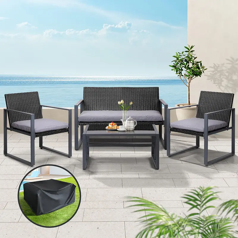 Gardeon Black 4-Piece Rattan Sofa Set With Integrated Storage Cover And Modular Lounge Layout 1