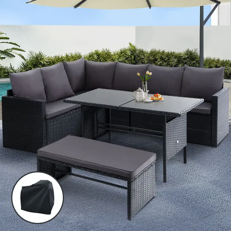 Gardeon Black-Covered Outdoor Dining Set – Sofa, Table, Bench & Lounge Chairs 1