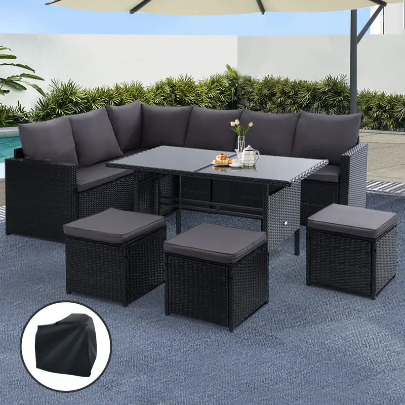 Gardeon Black-Covered Outdoor Lounge Dining Set – Sofa, Table, Ottoman & Chairs 1