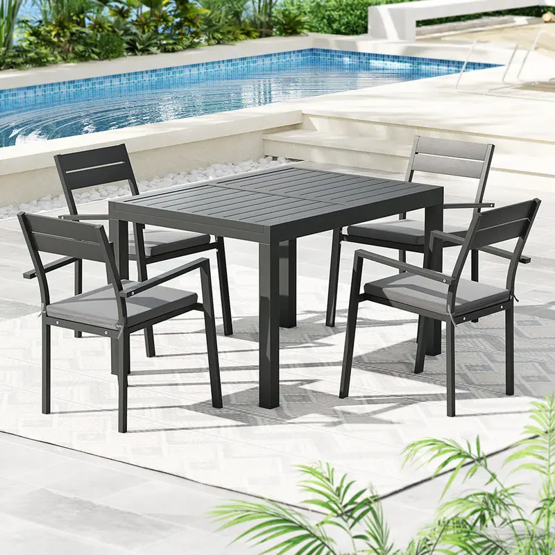 Gardeon Black Extendable Aluminum Outdoor Dining Set – 5-Piece Adjustable Table System 1