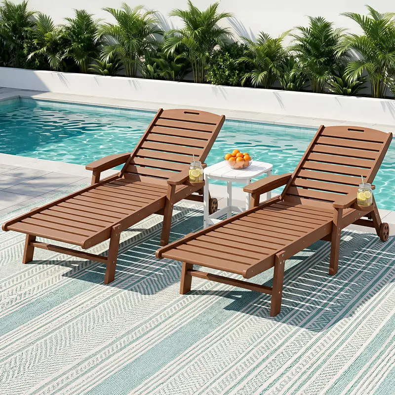 Gardeon Hdpe Outdoor Sun Lounger Set – Foldable Beach Chairs With Table And Wheels, Brown 1