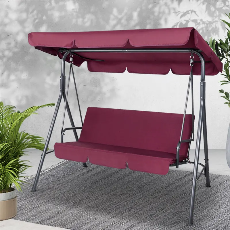 Gardeon Wine Red 3-Seater Canopy Swing Bench – Wooden Garden Lounge Chair 1