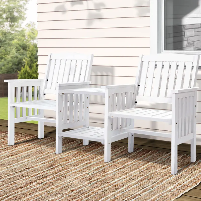 Gardeon Wooden Garden Loveseat With Matching Table – White Patio Furniture Set 1