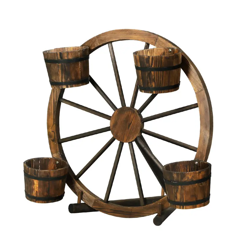 Gardeon Wooden Garden Plant Stand With Wagon Wheel Design – 80 Cm Tall Outdoor Decor 1