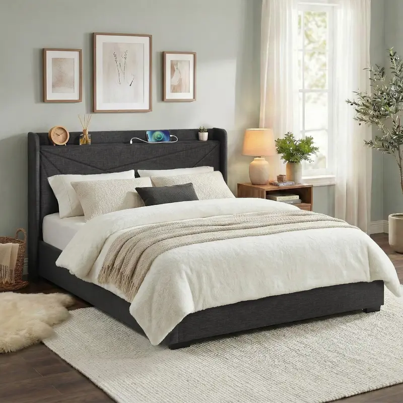 Gas-Lift Storage King Bed Frame – Geometric Headboard & Usb Charging Ports 1
