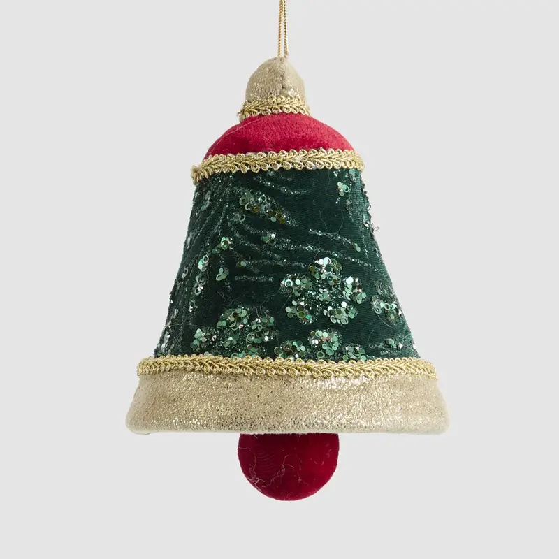 Green Velvet Beaded Bell Holiday Decoration 1