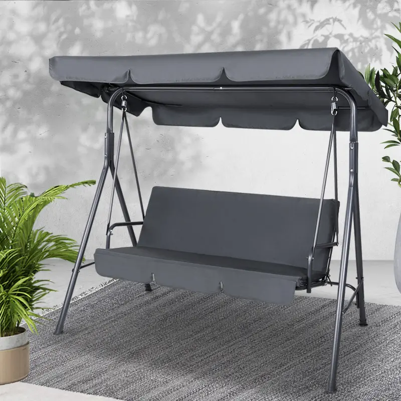 Grey 3-Person Canopy Swing Bench – Outdoor Garden Hanging Chair With Shade 1