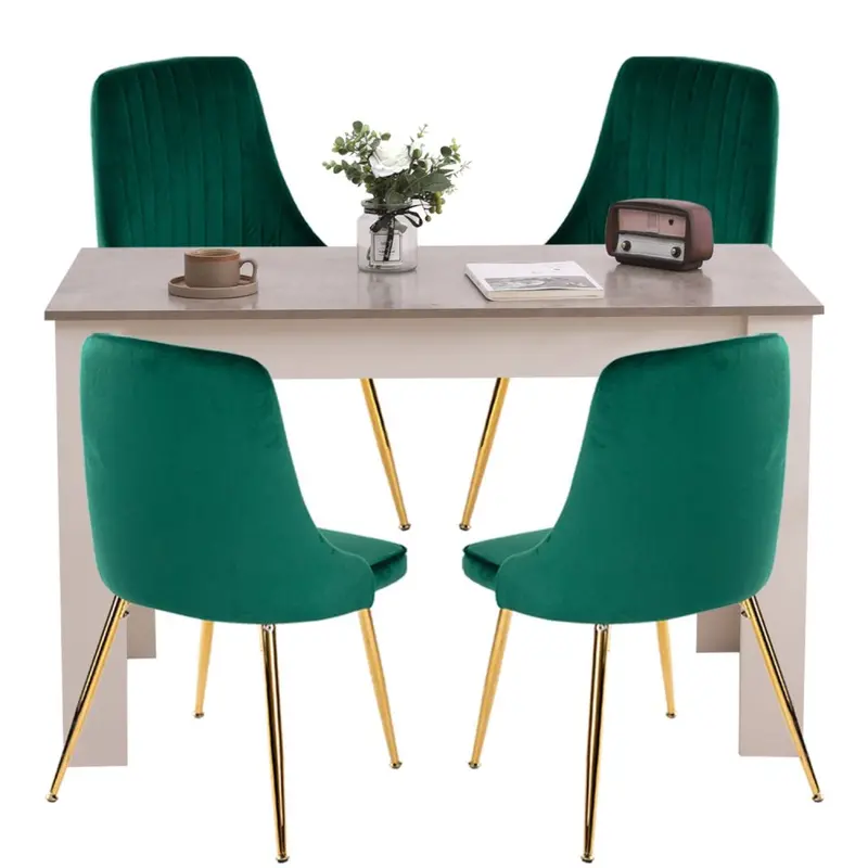 Grey Rectangular Dining Table With Green Velvet Chairs (4-Piece) 1