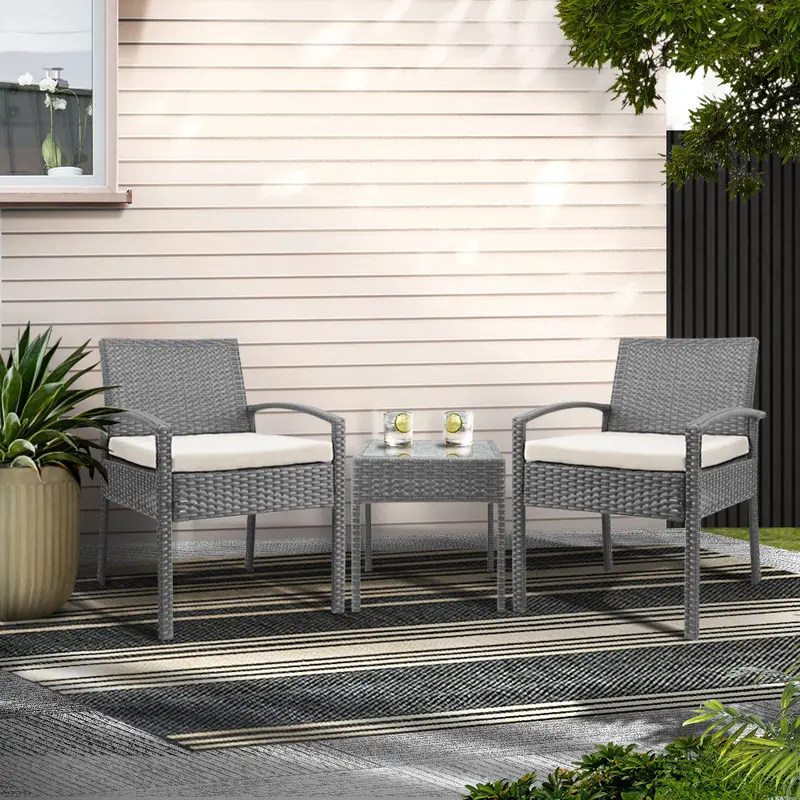 Grey Wicker Bistro Set – 3-Piece Outdoor Lounge Furniture For Patios & Balconies 1