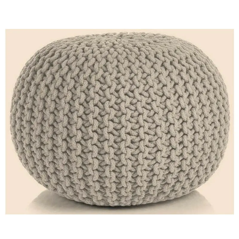 Hand-Knitted Braided Ottoman Pouffe – Beige Textured Footstool For Casual Seating 1