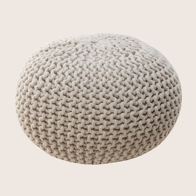 Hand-Knitted Natural-Fiber Braided Ottoman Pouffe – Neutral Footstool 1
