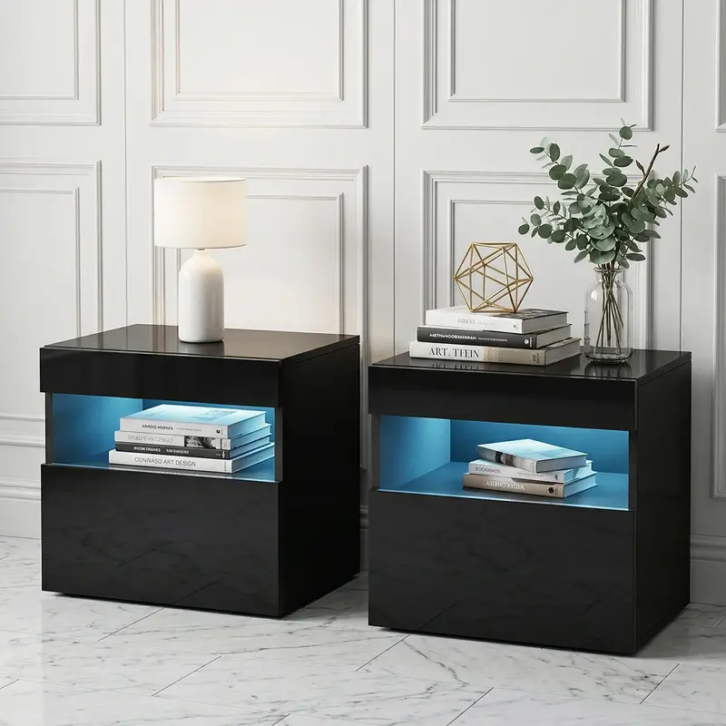 Heres Black Led Nightstand – Sleek Bedside Table With Integrated Lighting (2-Pack) 1