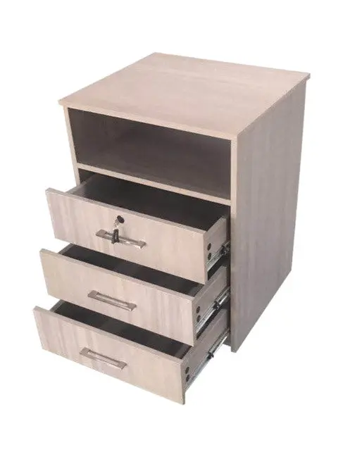 Hyacinth Three-Drawer Bedside Table With Open Shelf – Avignon Walnut Sand 1