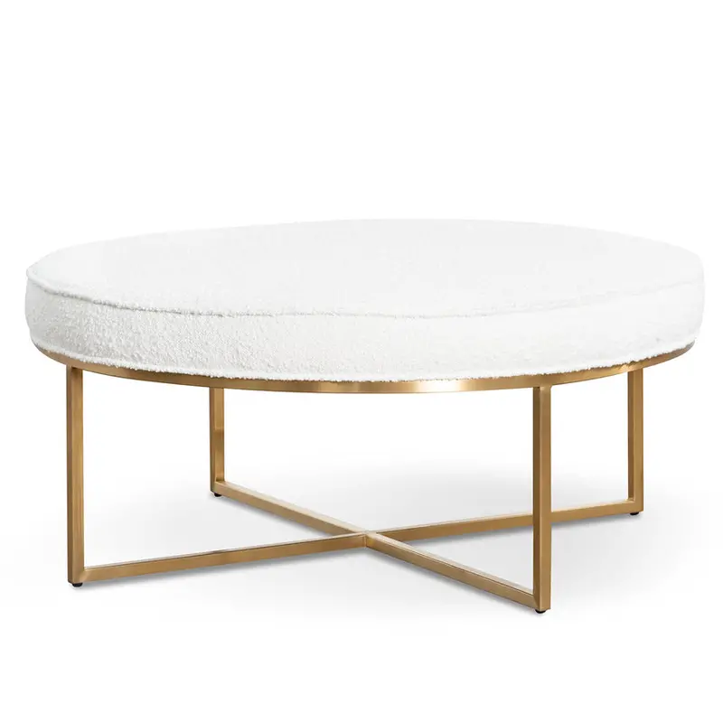 Ivory Bouclé Ottoman With Brushed Gold Base – 100Cm 1