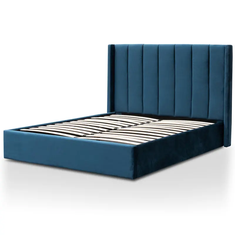 King Bed Frame With Teal-Navy Velvet Upholstery & Underbed Storage 1