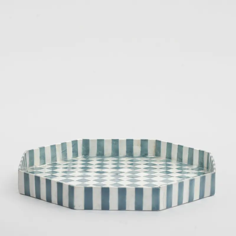 Large Blue Checkered Capiz Shell Serving Tray 1