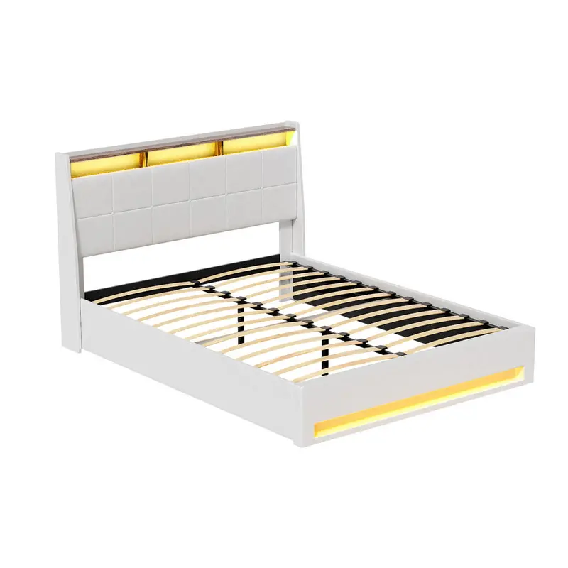 Led Queen Storage Bed – White Pvc Leather Platform With Gas Lift & Rgb Lighting 1