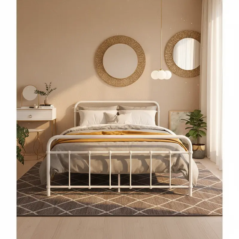 Leo White Metal Double Bed Frame – Slim Profile Steel Platform Bed For Small Spaces 1
