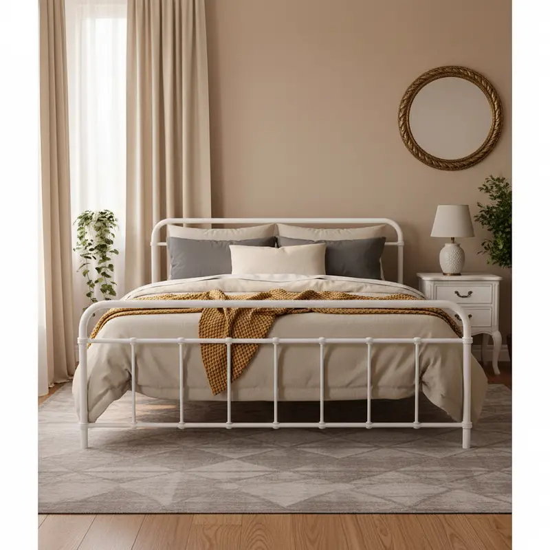 Leo White Metal Queen Bed Frame – Minimalist Powder-Coated Steel Platform Bed 1