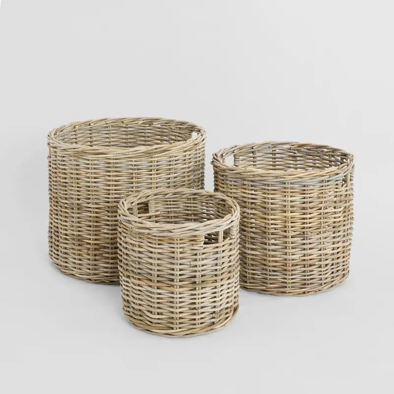 Luna Trio Of Round Rattan Storage Baskets – Nesting Design 1