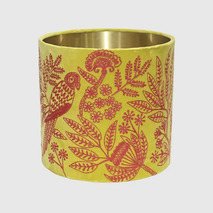 Medium Jungle Bird Print Drum Shade – Vibrant Yellow & Fuchsia Design 1
