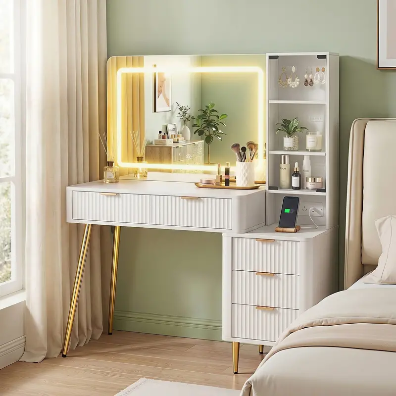 Minimalist White Led Vanity Desk Featuring Built-In Charging Hub And Mirror Lighting 1